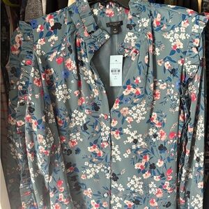 Ann Taylor Floral Ruffle Blouse - Blue and Red